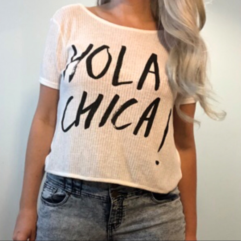 H&M DIVIDED white “Hola Chica!” Backless top
